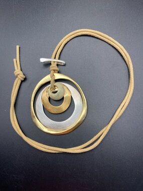 Mixed Metals Gold & Silver Circle Pendant Suede Cording Necklace 32” Adjustable
